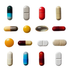 Set of pills isolated on transparent background.