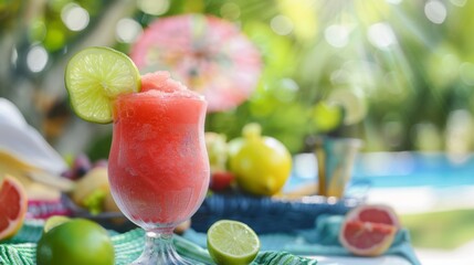 Refreshing frozen tropical drink garnished with lime, perfect for a summer day by the pool. Vibrant colors and sunlit background.