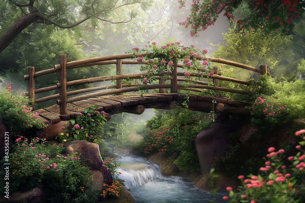 Aufkleber a rustic wooden bridge arching over a gently flowing stream, with vines and flowers entwining the ra