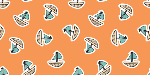 a seashell. cola. rest. palm tree. swimsuit. sink. sea. beach. Doodle. the sun. flowers. ice cream. seamless pattern. pattern. postcard. pattern. example. retro-style colors. seamless.