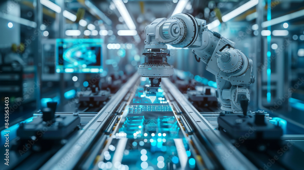 Poster high-tech robotic arm operating in a modern, futuristic automated factory, showcasing advanced indus