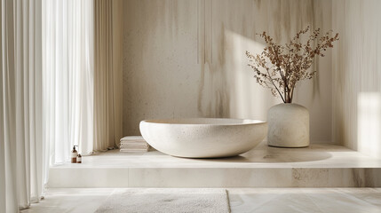 Bathroom interior with bathtub and decorative vase. 3d render