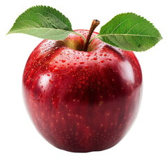 Red apple with leaf isolated on transparent background.
