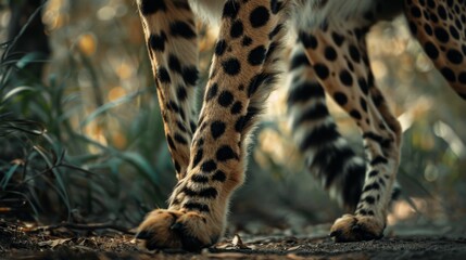 Obraz premium Close-up of a cheetah's legs and paws in the wild, showcasing its distinctive spots and natural habitat surrounded by foliage.