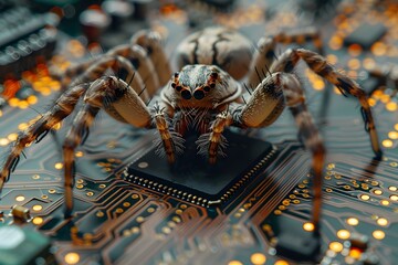 Cybersecurity Threat Concept - Spider on Microchip - Digital Art for Technology Design