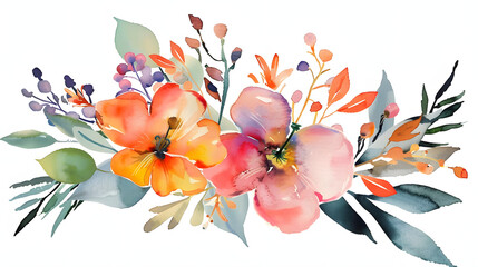 watercolor bouquet of vibrant flowers, leaves & branches nature beauty in full bloom. generative ai
