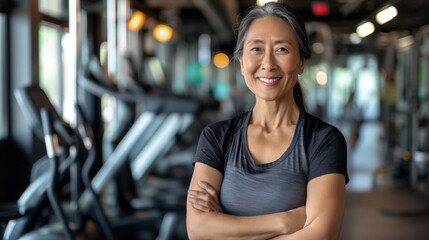 Confident Smiling Middle-aged Asian Female Fitness Trainer in Gym Setting for Health and Wellness Promotion