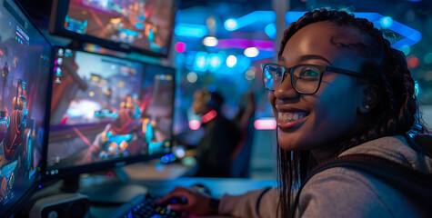 Obraz premium black woman her late twenty wearing glass smiling while sitting office desk looking into camera confidence she look over two large monitor showing image of people playing video game them background