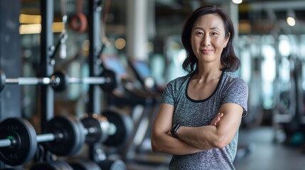Fototapeta premium Middle-aged Chinese Female Fitness Trainer in Gym Environment for Wellness and Exercise