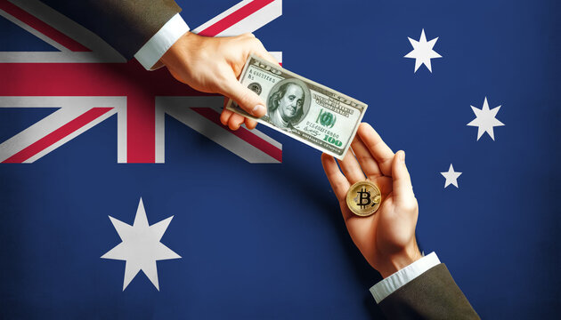 Exchanging traditional dollars for Bitcoin on Australia flag background, symbolizing the shift to digital currency in the modern financial world