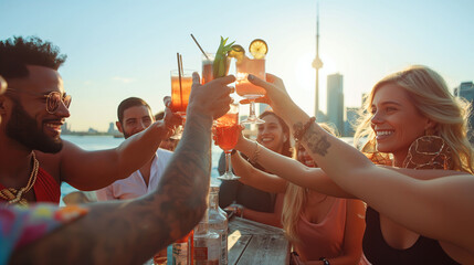 Joyful Friends Toasting with Colorful Cocktails at Sunset Skyline Gathering