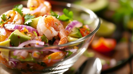Hearty shrimp ceviche with avocado, red onions, and cilantro in a glass bowl on a rustic table. Healthy and colorful seafood salad