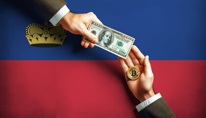 Exchanging traditional dollars for Bitcoin on Liechtenstein flag background, symbolizing the shift to digital currency in the modern financial world