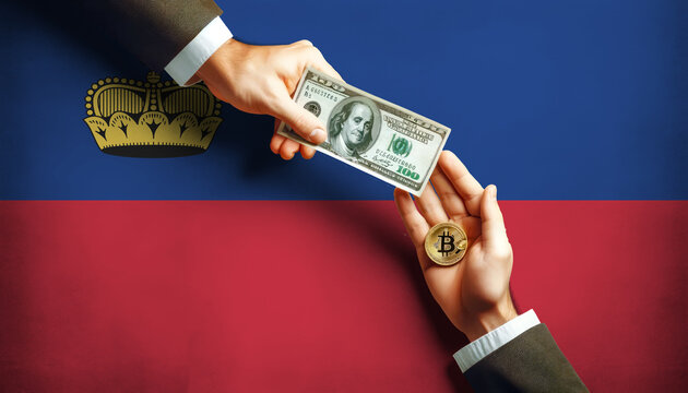 Exchanging traditional dollars for Bitcoin on Liechtenstein flag background, symbolizing the shift to digital currency in the modern financial world