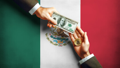 Exchanging traditional dollars for Bitcoin on Mexico flag background, symbolizing the shift to digital currency in the modern financial world