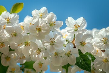 Obraz premium Spring Blossoms: White Apple Tree Flowers against a Clear Blue Sky for Nature Photography and Garden Design
