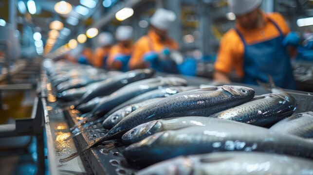 Fresh fish, straight from the sea, are transported on a conveyor belt, ready for the rigorous process of industrial sorting and packaging at a fish processing plant.