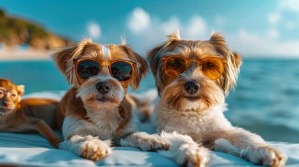 Two adorable dogs in sunglasses at the beach, their carefree attitude perfectly embodying the spirit of laid-back summer vacations by the ocean.