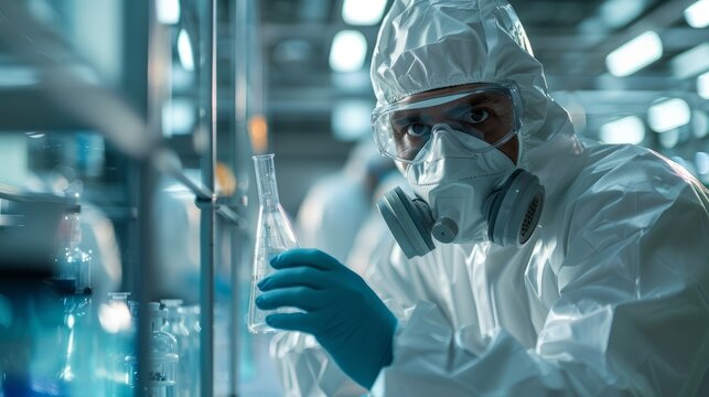 The image captures a focused scientist in a white lab coat, carefully executing chemical experiments in a state-of-the-art laboratory.