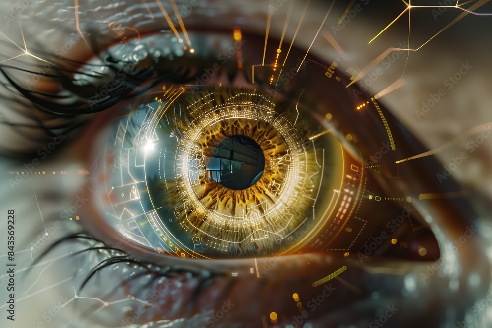 Aufkleber Closeup of a human eye with futuristic digital technology. Concept of secure vision and biometric identification. Advanced science and data scan for better eyesight, protection,