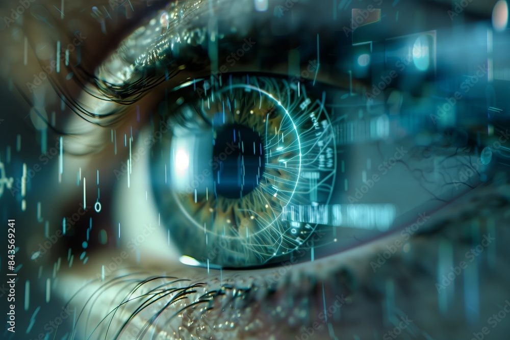 Poster Futuristic eye technology, highlighting digital vision and secure identification. A closeup of a human iris, showcasing biometric access and data protection. Advanced science and