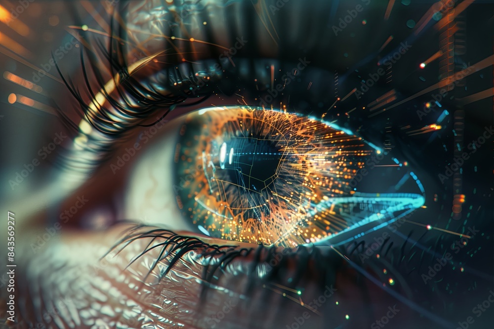 Poster Futuristic digital eye technology. Human iris closeup, showcasing secure access and biometric identification. Advanced interface and system for better vision and data protection. A