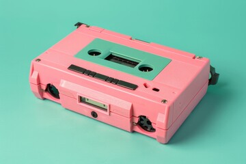 Fototapeta premium Set against a turquoise background, a pink portable player epitomizes '90s nostalgia, marrying vintage design with bold hues for a timeless appeal