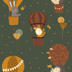 Seamless pattern. Vector illustration with forest animals. A wolf, a hare, a badger, a bear and a hedgehog are flying in balloons. Set of animals in cartoon style.