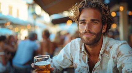 man drinking beer in bar