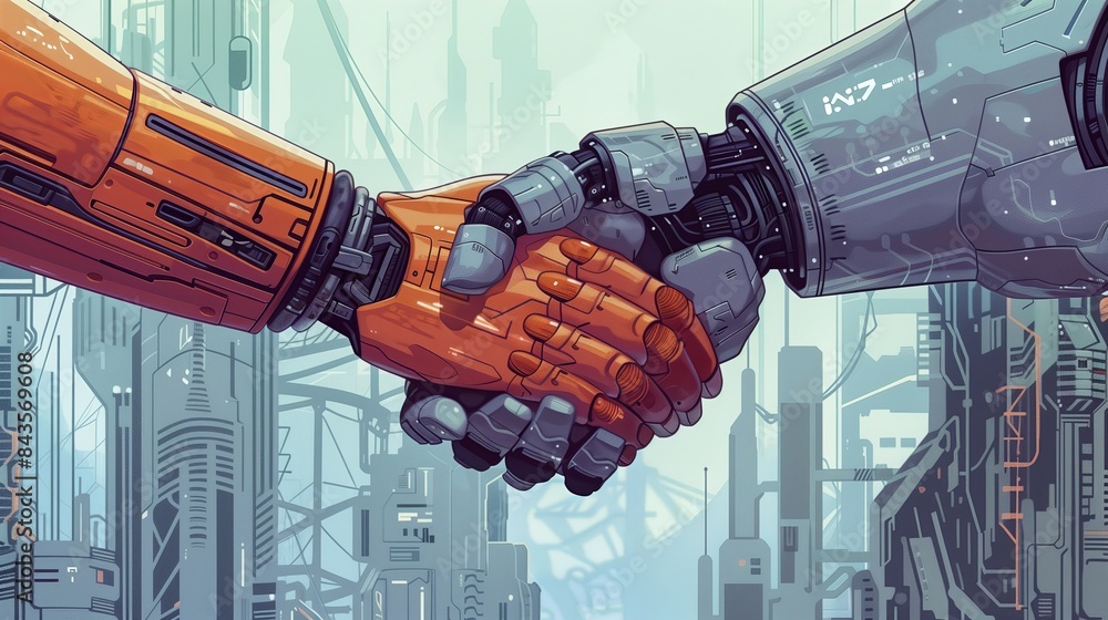 Poster Futuristic handshake between human and robot. A concept of business cooperation and partnership, highlighting artificial intelligence and digital communication. Modern teamwork and