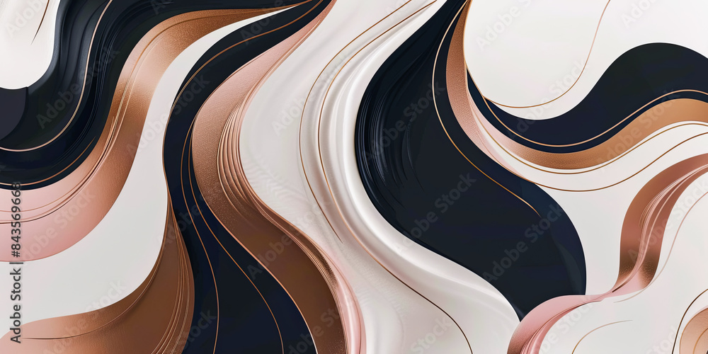 Poster 3d rendering. abstract wavy background with gold and black stripes.