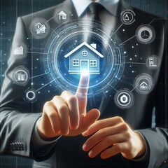 Real estate investment concept. Man touch virtual house icon for analyzing mortgage loan home and insurance real property mortgage. interest rate, Investment planning illustration generative ai 