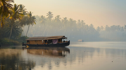 A small boat is floating on a calm lake