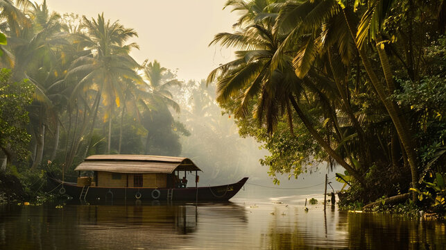 A boat is floating on a river with palm trees in the background