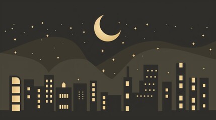 Dark city skyline at night with crescent moon and stars