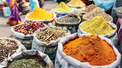 Fototapeta premium A variety of spices are displayed in bags on a table