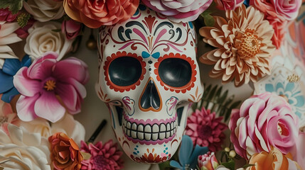 A skull is surrounded by flowers and is the main focus of the image