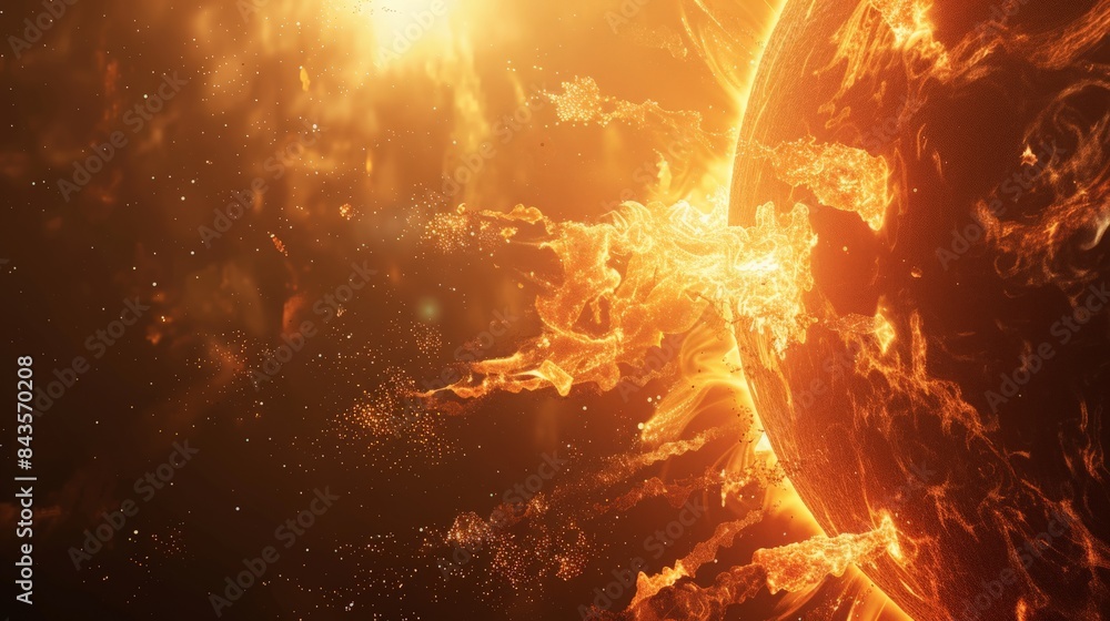 Poster intense solar flare eruption on the sun's surface with bright, fiery explosions. this image depicts 