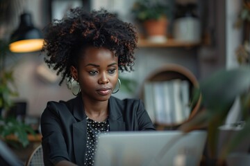 A focused woman with natural curly hair working on a laptop in a cozy indoor setting. .