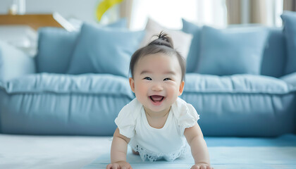 Fototapeta premium cute Asian baby crawling living room floor wearing white smiling happily camera background feature modern minimalist style sofa blue accent Soft lighting used highlight her adorable appearance