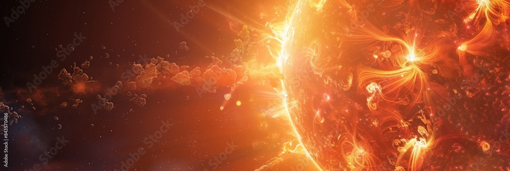 Poster Bright solar flare with fiery plasma streams erupting from the sun's surface. Depicts the intense energy and dynamic processes of solar storms