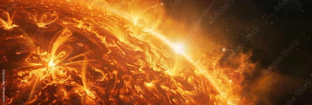 Poster dramatic solar flare with powerful plasma streams and fiery explosions on the sun. depicts the energ