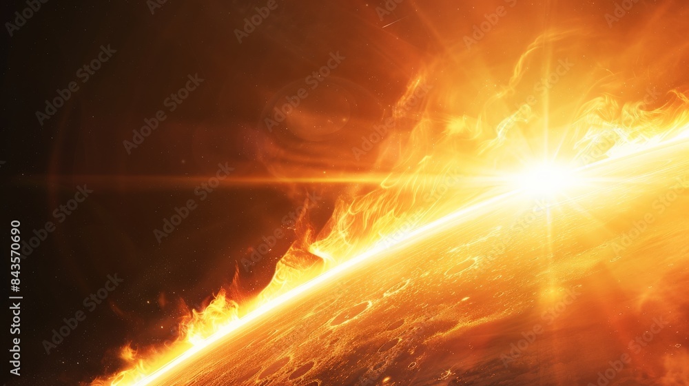 Poster close-up of a vibrant solar flare with intense fiery plasma eruptions on the sun. showcases the powe