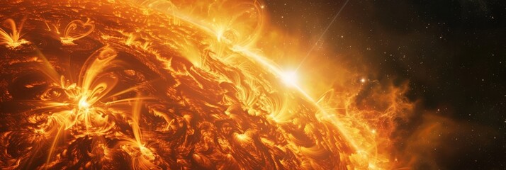 Fototapeta premium Dramatic solar flare with powerful plasma streams and fiery explosions on the sun. Depicts the energetic processes and dynamic nature of solar storms