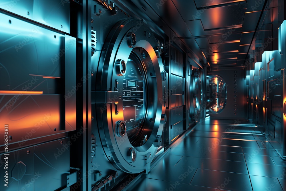 Poster Modern technology systems in a secure server room. Digital networking and data storage for business and communication. A futuristic datacenter with cloud infrastructure and global