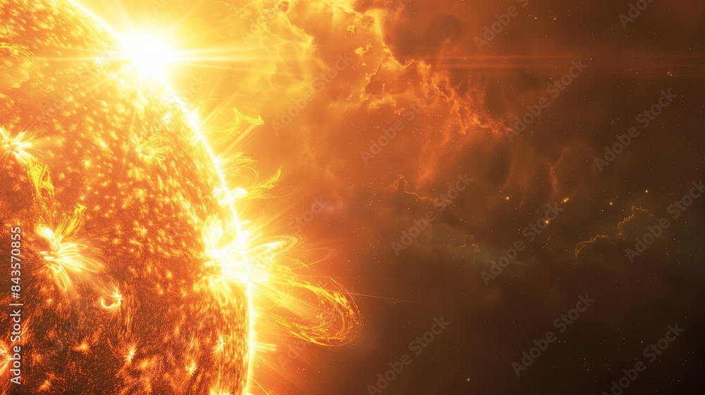 Poster spectacular view of the sun with bright solar flares and intense fiery plasma streams. depicts the d