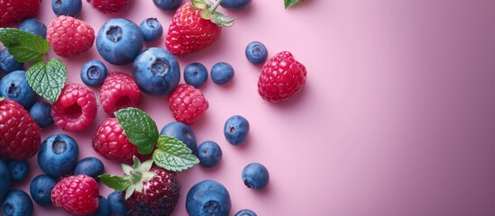 Close-up image of assorted fresh berries, including raspberries, blueberries, and strawberries, on a pink background.