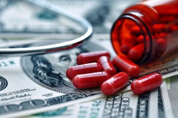 Red pills spilled from a bottle onto US dollar bills, cost of healthcare and medication. Pharmacy