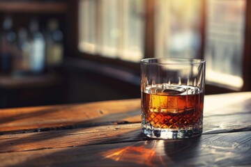 A glass of whiskey with ice on a wooden table, with a blurred background of a cozy room and sunlight filtering through a window.