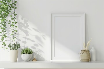 White frame mockup on a shelf with a green plant and decorative objects, against a white background